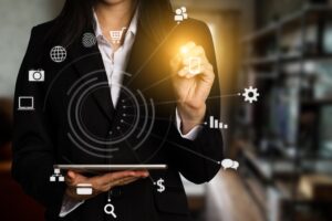 Digital Marketing Video Ads - Woman's hand pointing to digital communication icons